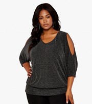 Apricot Curves Grey Glitter 1/2 Sleeve Cold Shoulder Top